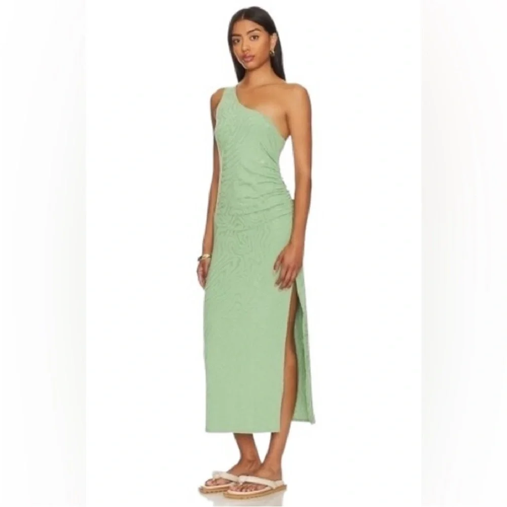 Seafolly One Shoulder Second Wave Midi Dress in Palm Green Textured Vacation M - Picture 2 of 16